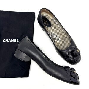 CHANEL Black Leather Camellia Low Heel Ballet Flats